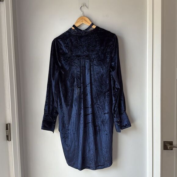 Anthropologie Maeve Tie Neck Crushed Velvet Navy Blue Blouse High Low - Picture 5 of 8